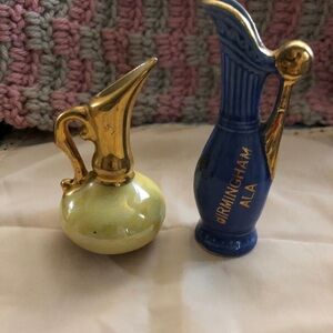 Birmingham, AL Blue and Gold Ceramic Pitcher & Yellow Gold Ceramic Mini Ewer Set